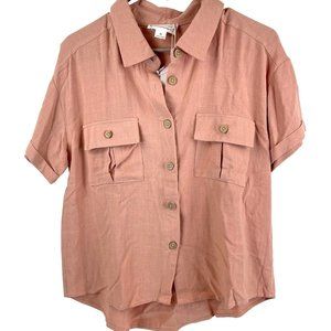 LoveRiche Blush Cotton Button Front Short Cuff Sleeve Safari Style Shirt Size M